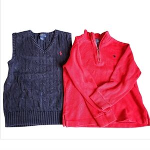 Polo Ralph Lauren Boys Sweater Vest Set Cable Knit Preppy Navy Blue & Red Sz 6